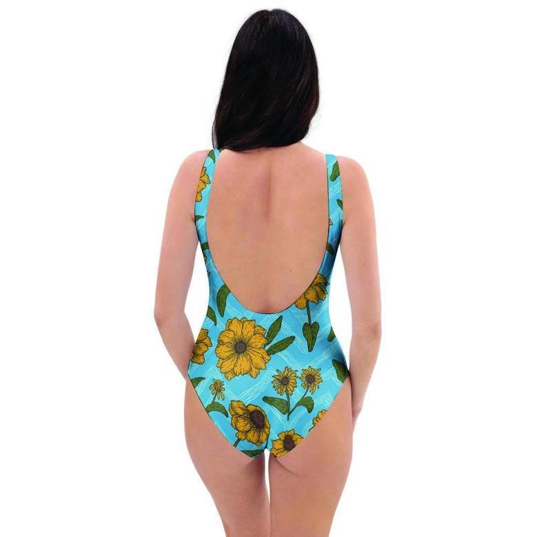 Blue Zigzag Sunflower One Piece Swimsuite