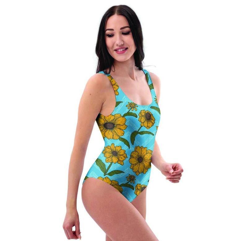 Blue Zigzag Sunflower One Piece Swimsuite