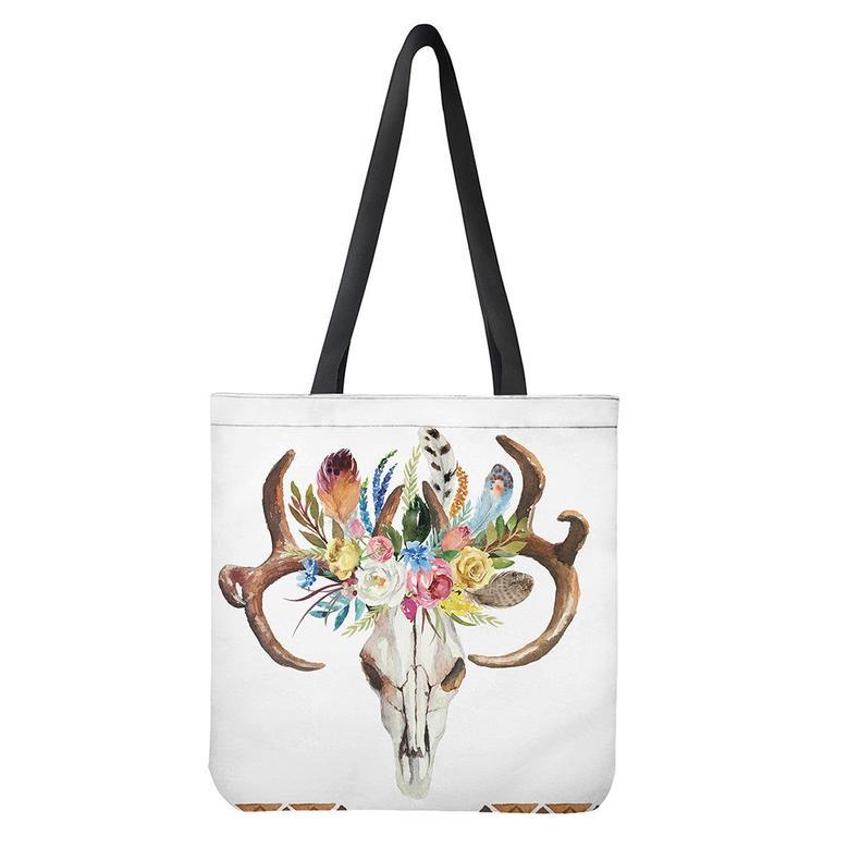 Boho Floral Deer Skull Print Tote Bag