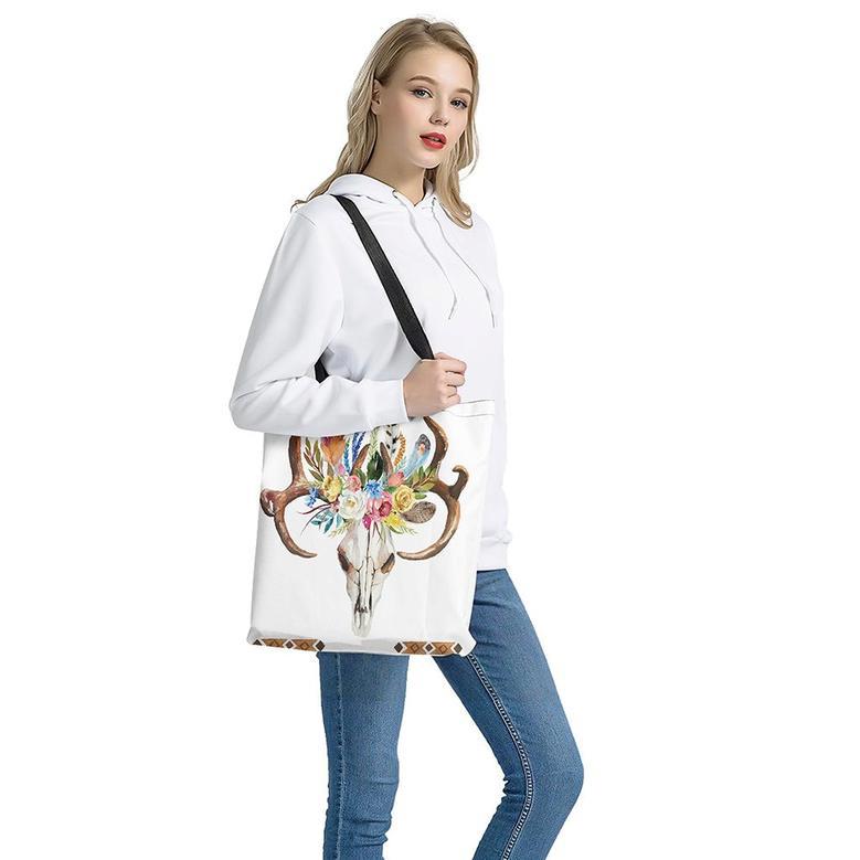 Boho Floral Deer Skull Print Tote Bag