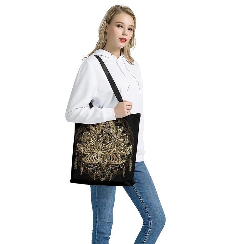 Boho Spiritual Lotus Print Tote Bag