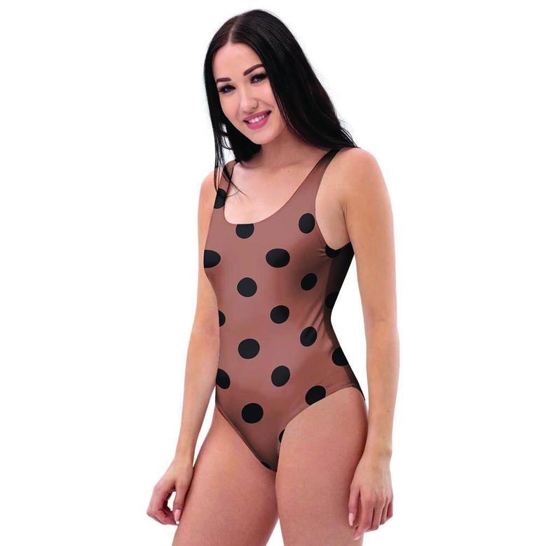 Brown And Black Polka Dot One Piece Swimsuite