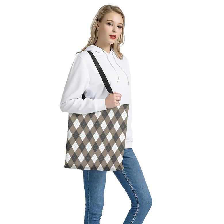 Brown And White Argyle Pattern Print Tote Bag