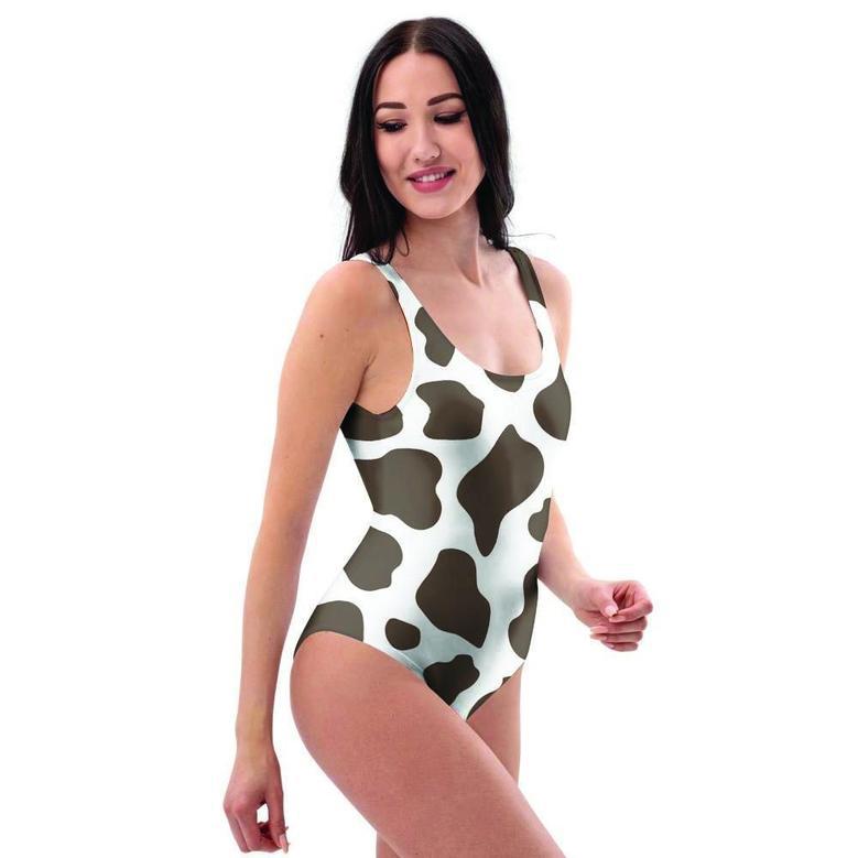 Brown And White Cow Print One Piece Swimsuite