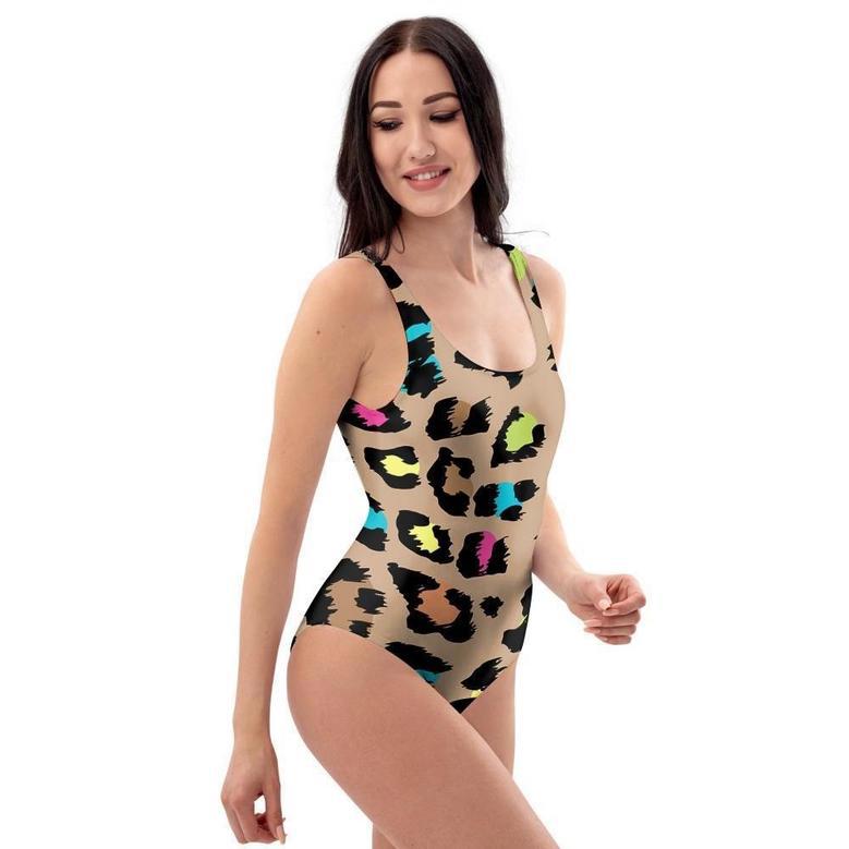 Brown Colorful Cheetah Print One Piece Swimsuite