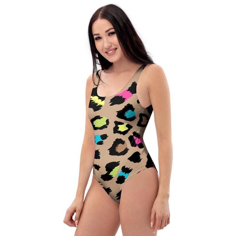 Brown Colorful Cheetah Print One Piece Swimsuite