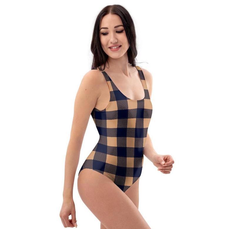 Brown Plaid One Piece Swimsuite