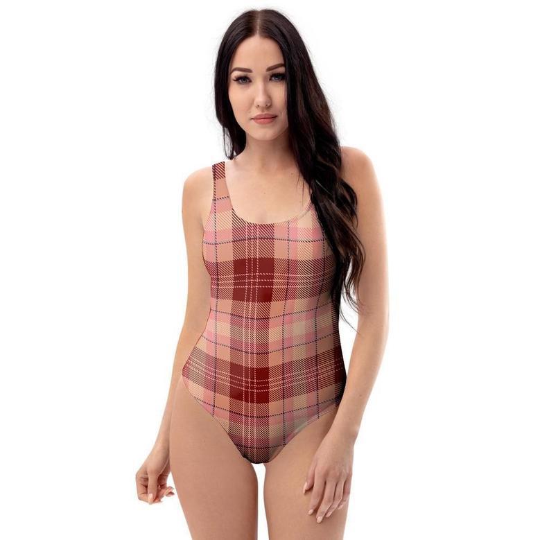 Brown Plaid Tartan One Piece Swimsuite