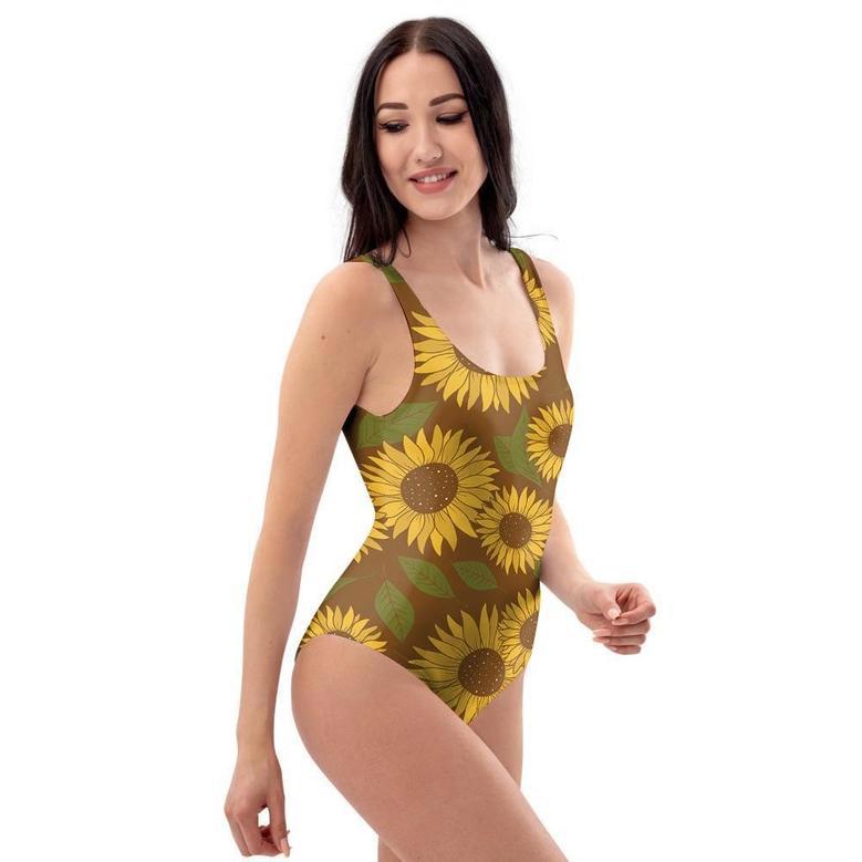 Brown Sunflower Print One Piece Swimsuite