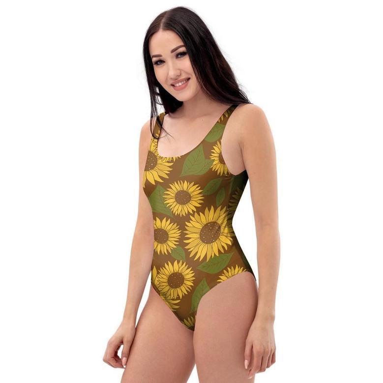 Brown Sunflower Print One Piece Swimsuite