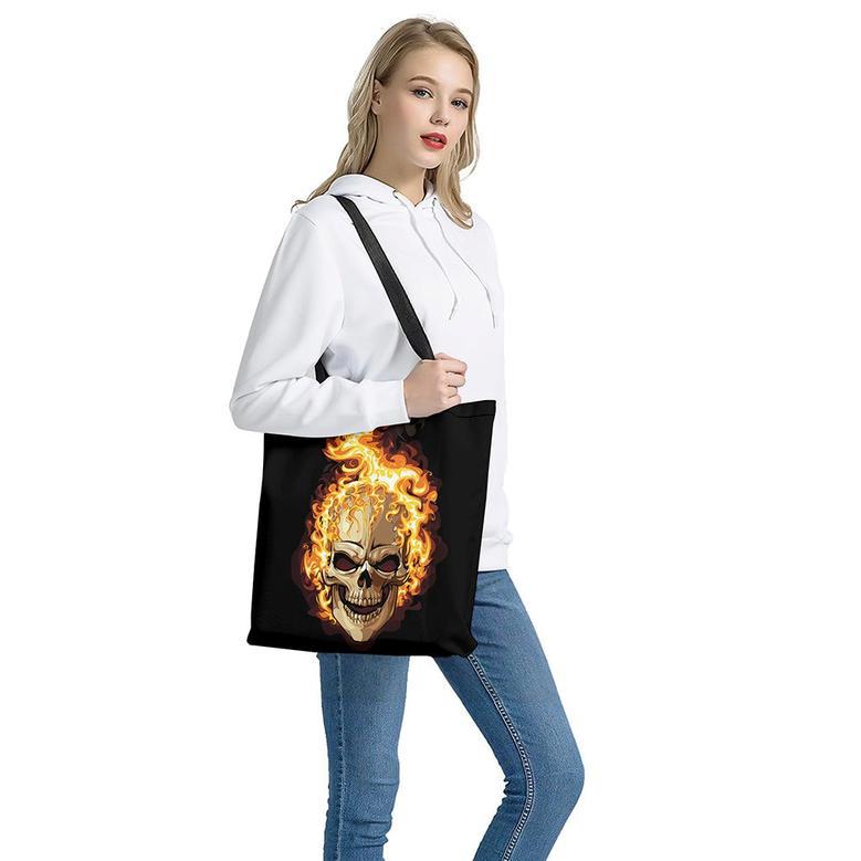 Burning Skull Print Tote Bag