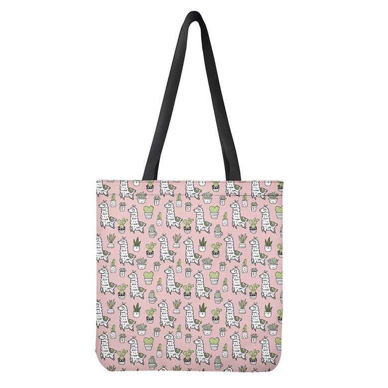 Cartoon Cactus And Llama Pattern Print Tote Bag