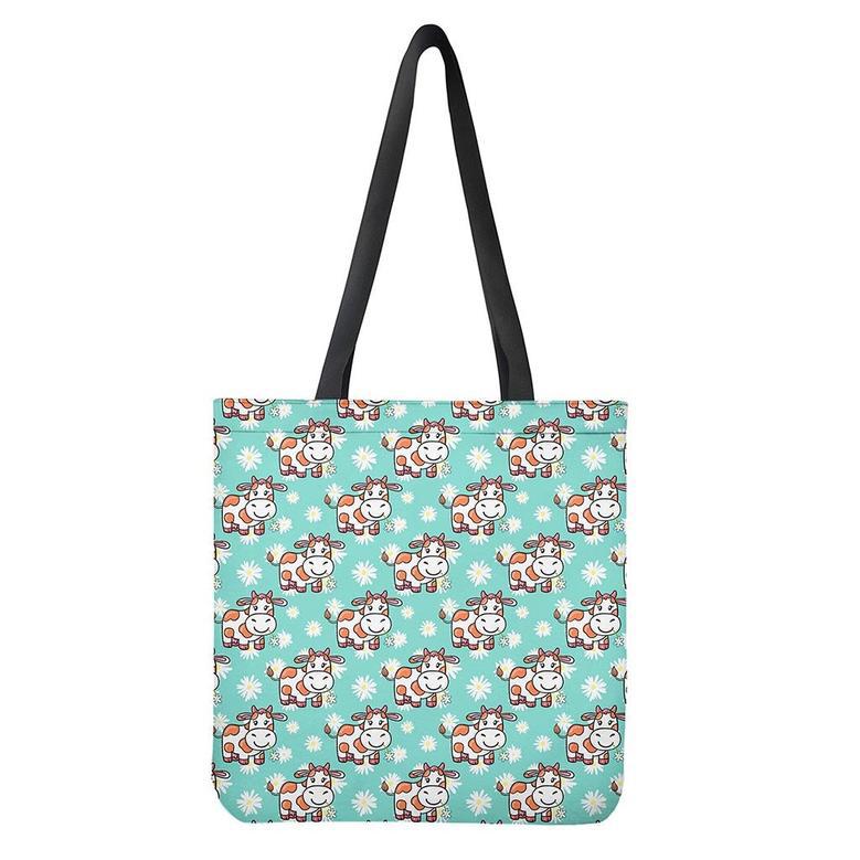 Cartoon Cow And Daisy Flower Print Tote Bag