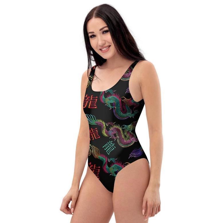 Chinese Dragon Character Print One Piece Swimsuite