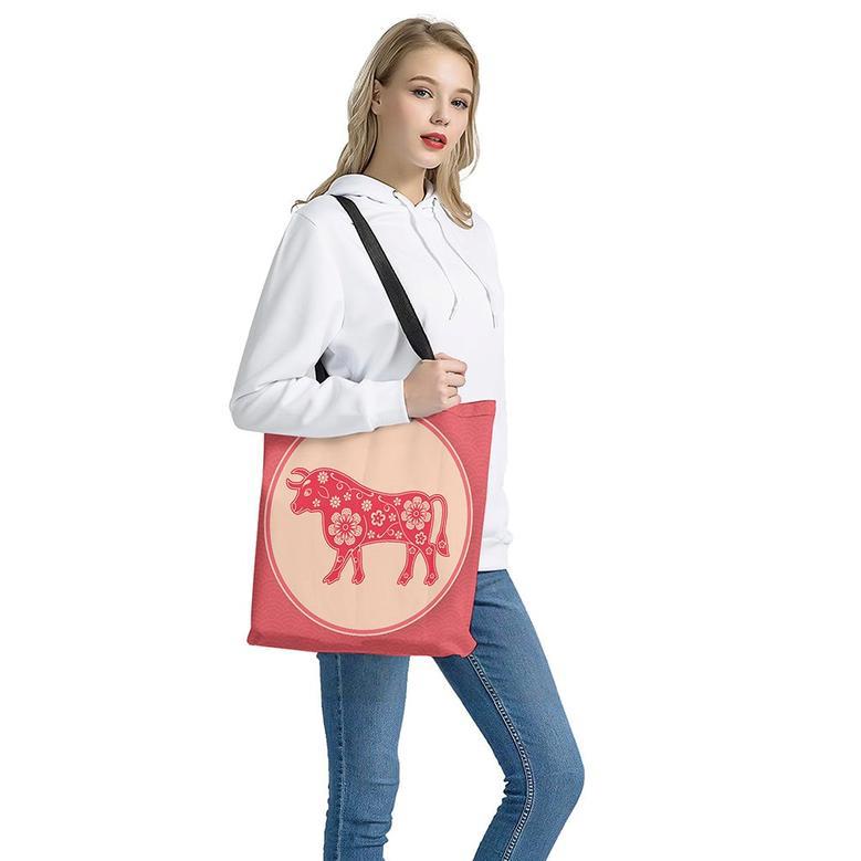 Chinese Flower Ox Zodiac Print Tote Bag