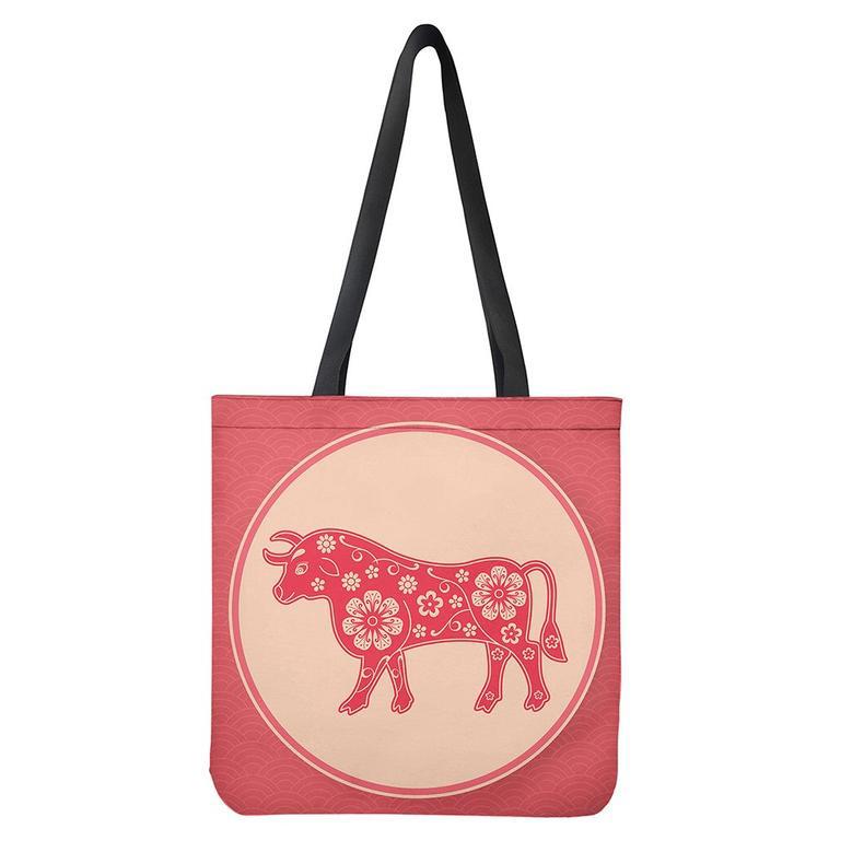 Chinese Flower Ox Zodiac Print Tote Bag