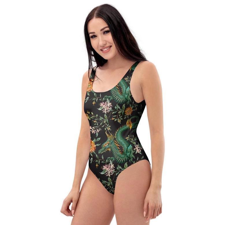 Chinese Green Dragon Print One Piece Swimsuite