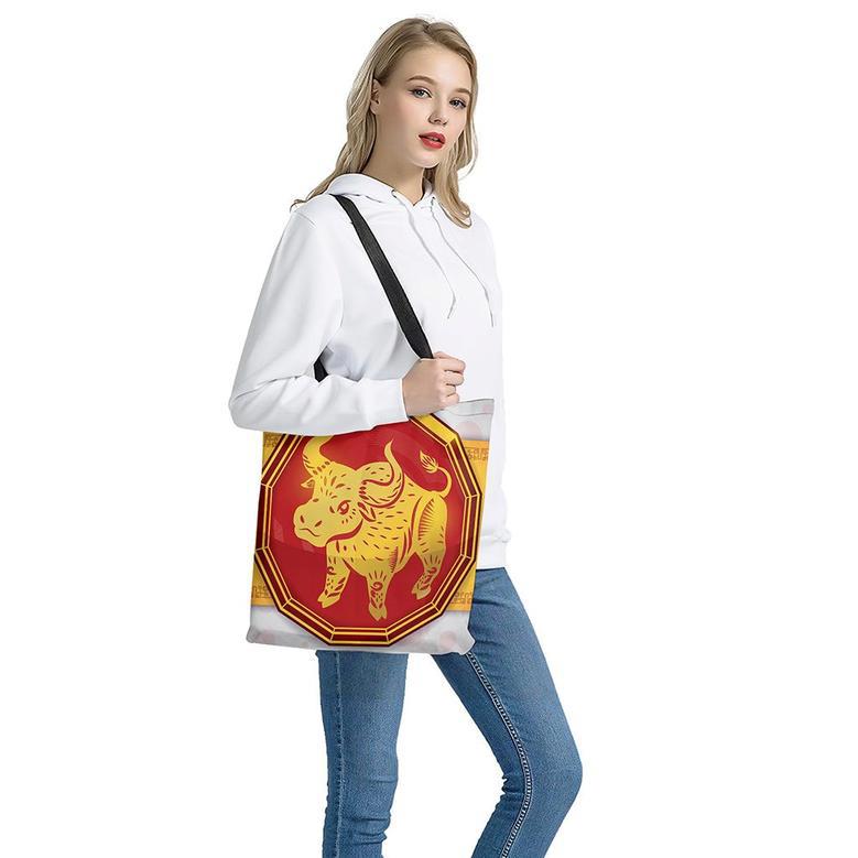 Chinese Ox Zodiac Symbol Print Tote Bag