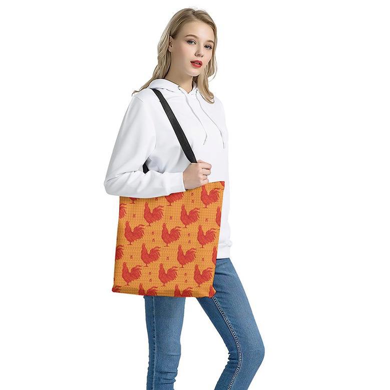 Chinese Rooster Pattern Print Tote Bag