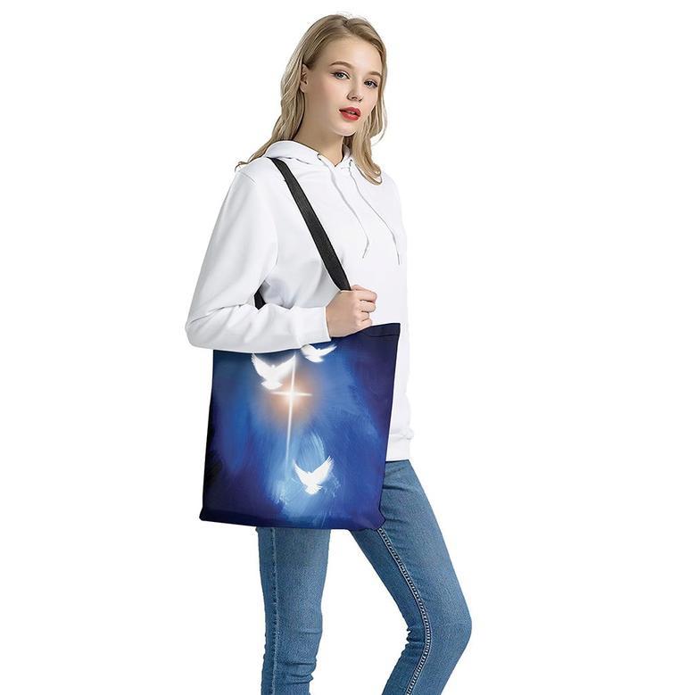 Christian Cross And White Doves Print Tote Bag