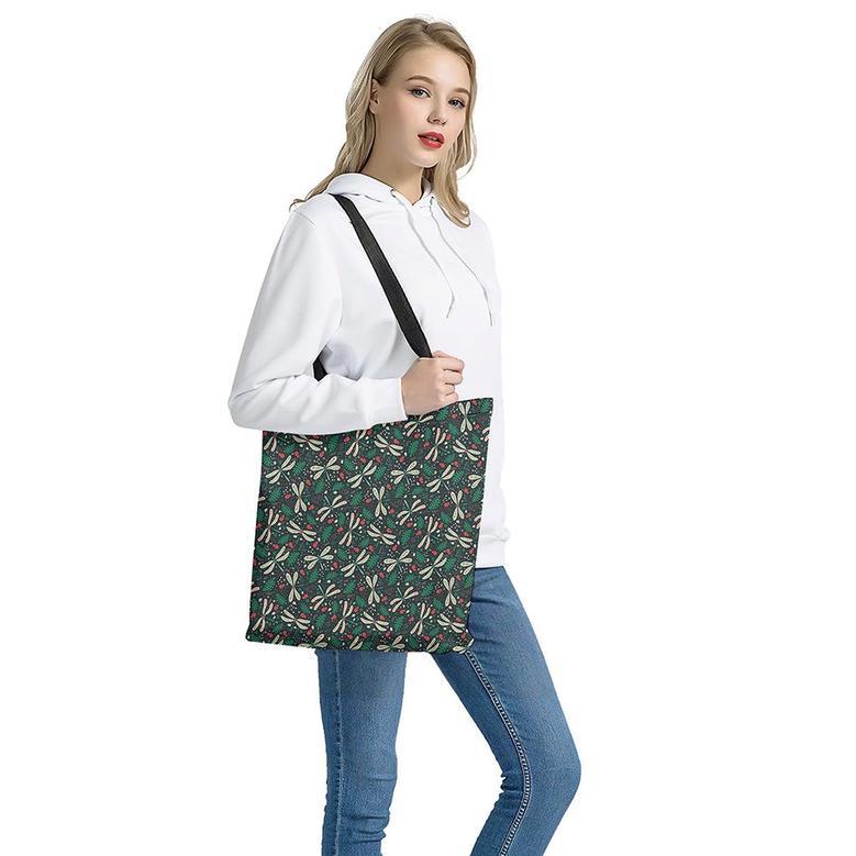 Christmas Floral Dragonfly Pattern Print Tote Bag