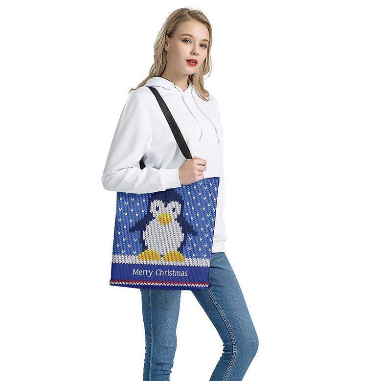 Christmas Penguin Knitted Print Tote Bag