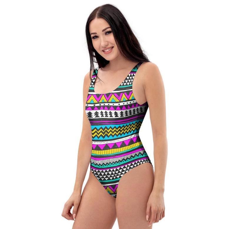 Colorful Indian Aztec Doodle Triangles One Piece Swimsuite