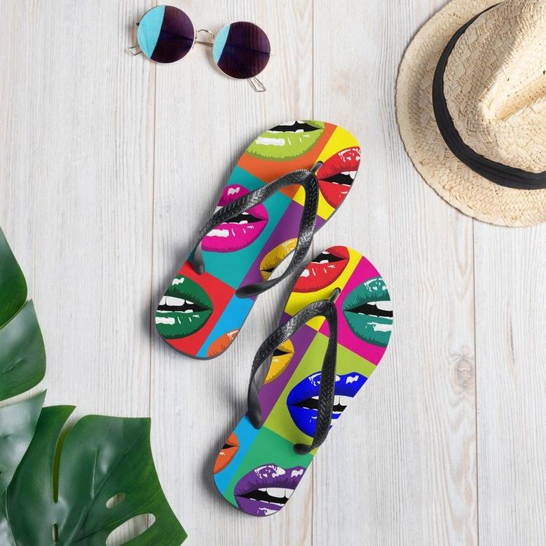 Colorful Lips Pop Art Flip Flops.