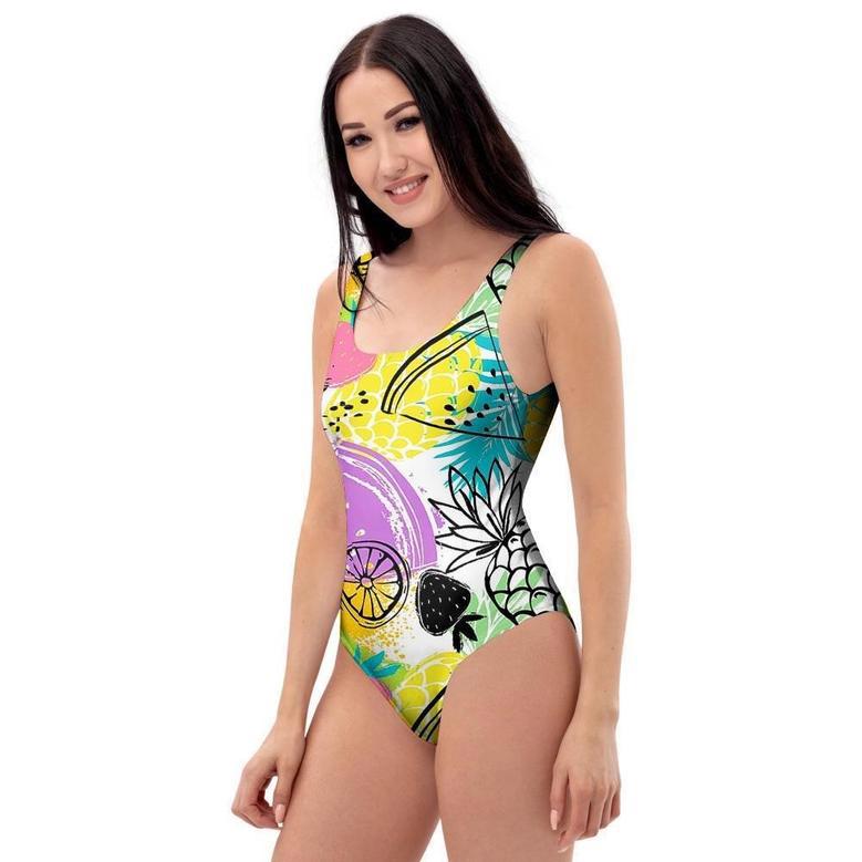 Colorful Mix Fruit Pineapple Hawaiian Print One Piece Swimsuite