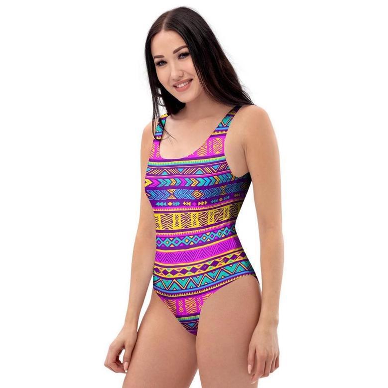 Colorful Neon Tribal Navajo Aztec Print One Piece Swimsuite