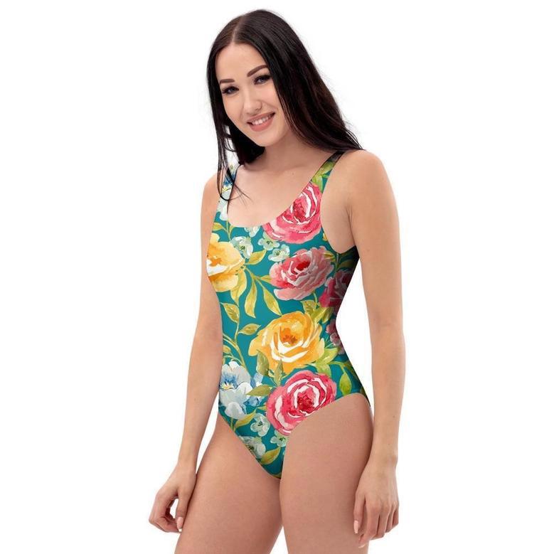 Colorful Rose Flower One Piece Swimsuite