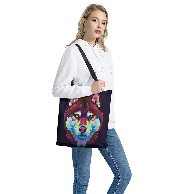 Colorful Siberian Husky Print Tote Bag