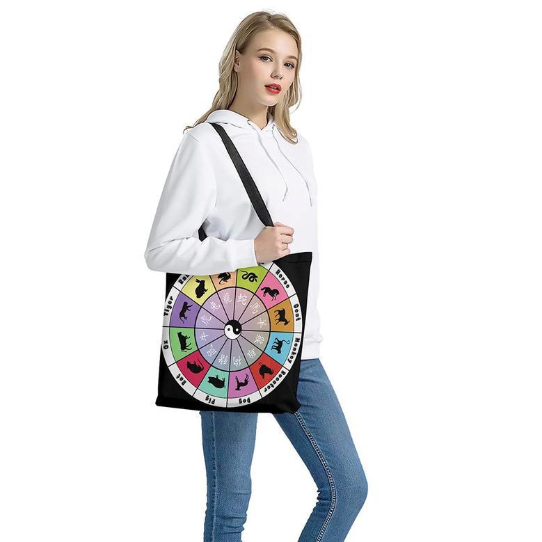 Colourful Chinese Zodiac Wheel Print Tote Bag