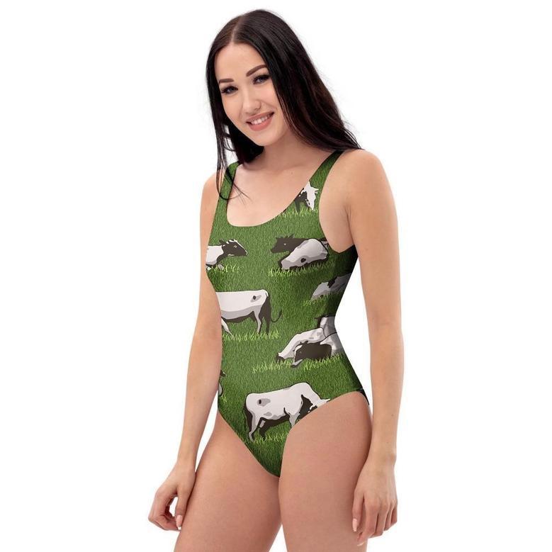 Cow In Grass Print One Piece Swimsuite