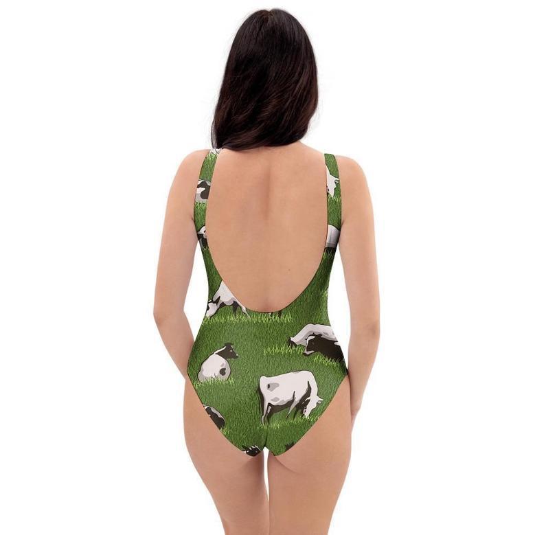 Cow In Grass Print One Piece Swimsuite