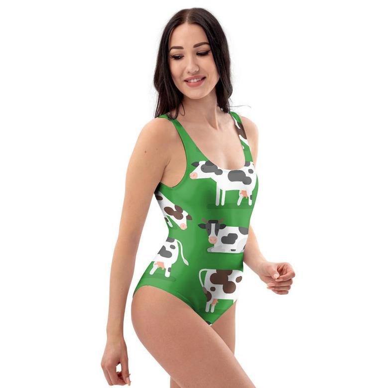 Cow In Green Grass Print One Piece Swimsuite