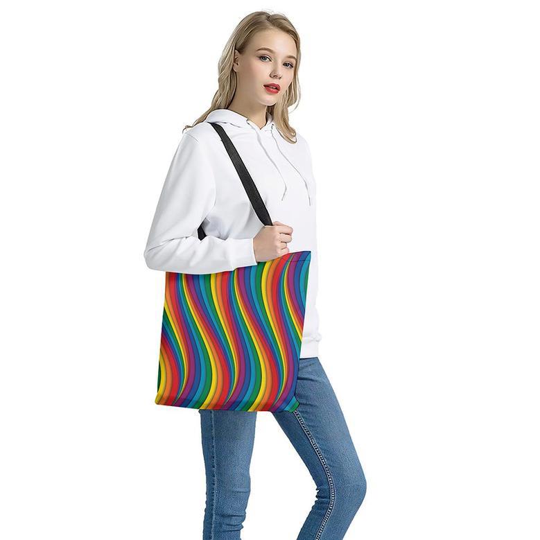 Curved Rainbow Pattern Print Tote Bag