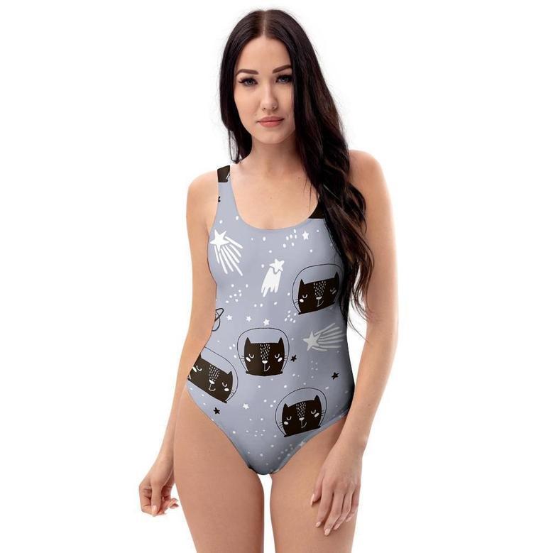 Cute Astronaut Cat Print One Piece Swimsuite