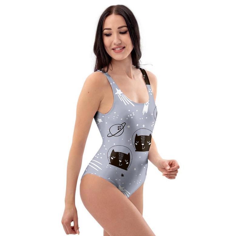 Cute Astronaut Cat Print One Piece Swimsuite