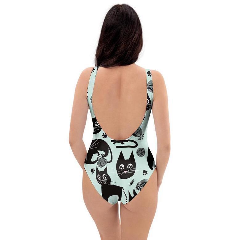 Cute Black Cat Print One Piece Swimsuite