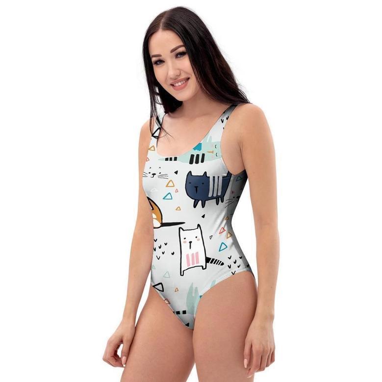 Cute Cartoon Doodle Cat Print One Piece Swimsuite