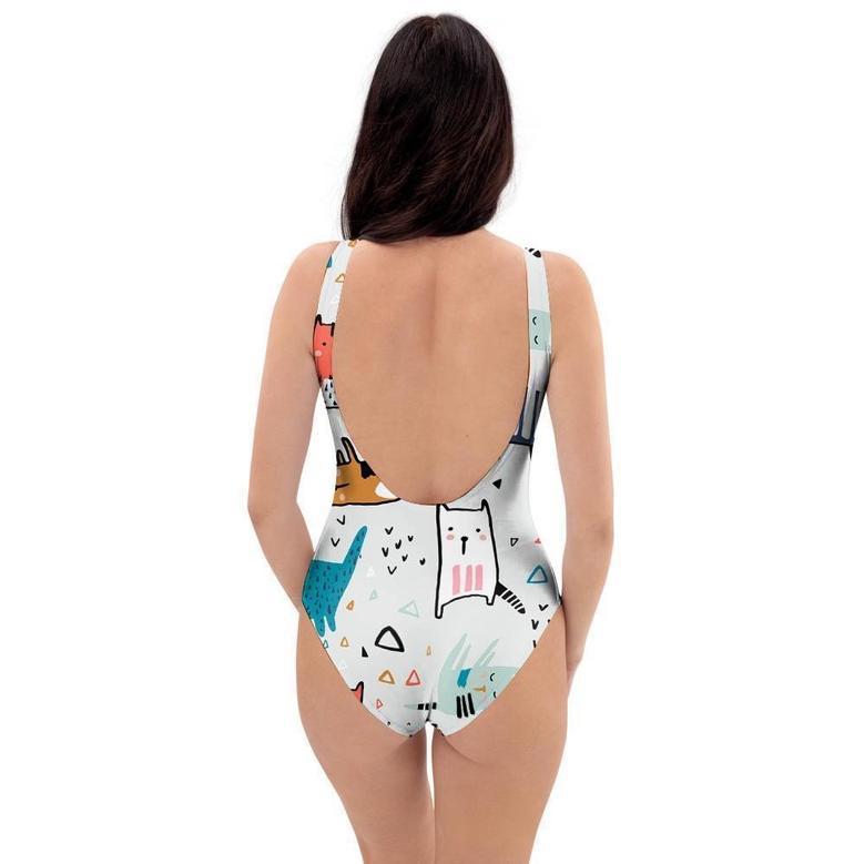 Cute Cartoon Doodle Cat Print One Piece Swimsuite