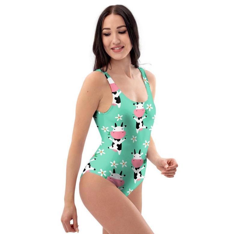 Cute Cow Floral Print One Piece Swimsuite