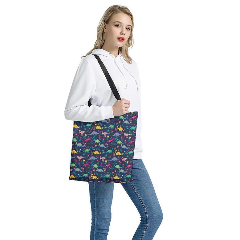 Cute Dino Floral Pattern Print Tote Bag