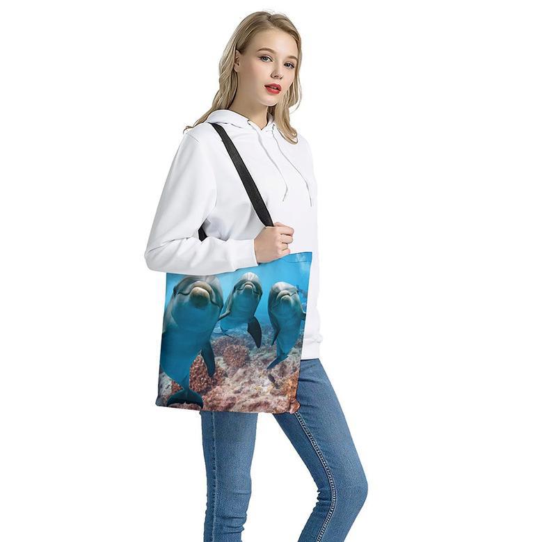 Cute Dolphins In The Ocean Print Tote Bag