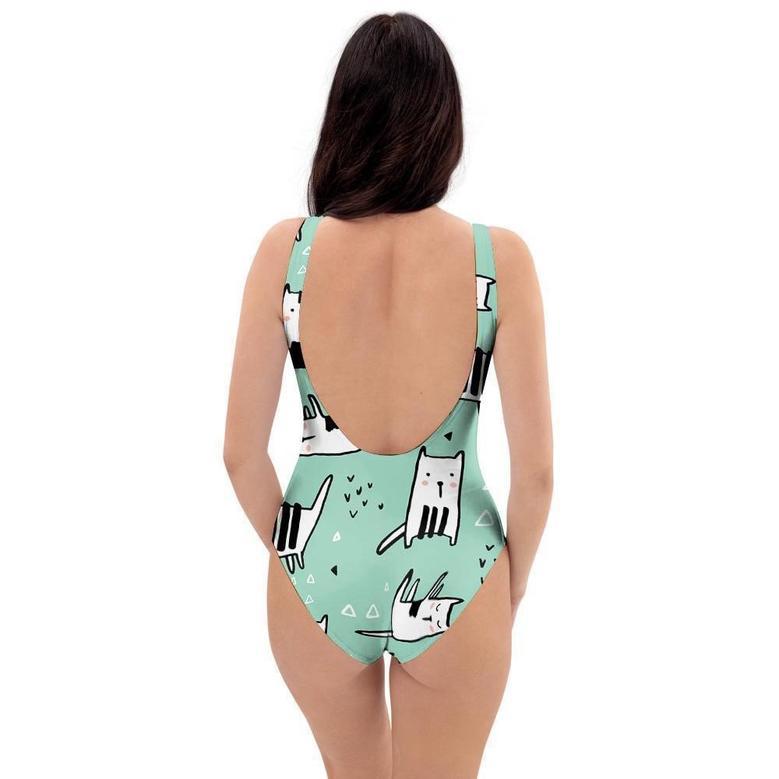 Cute Green Doodle Cat Print One Piece Swimsuite