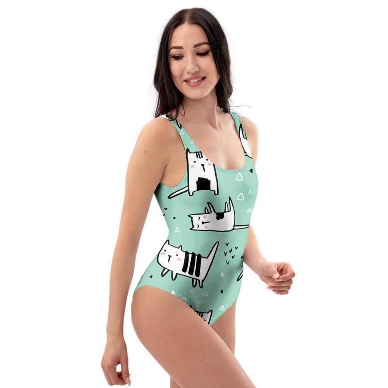 Cute Green Doodle Cat Print One Piece Swimsuite