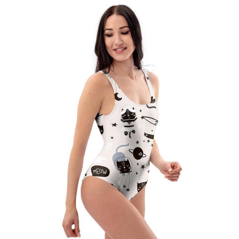 Cute Meow Astronaut Cat Print One Piece Swimsuite