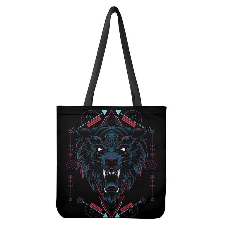 Dark Geometric Wolf Print Tote Bag