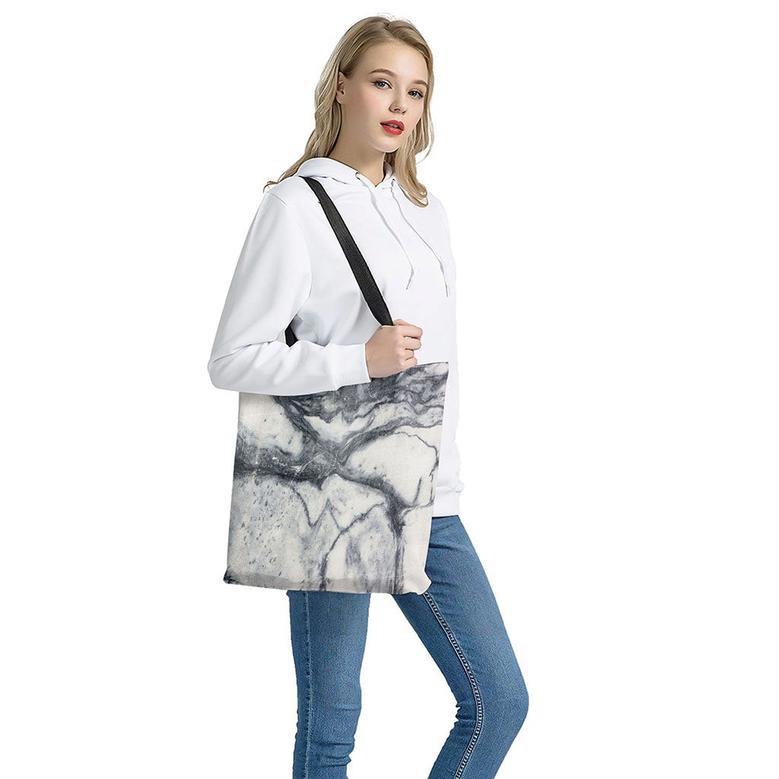 Dark Grey White Marble Print Tote Bag